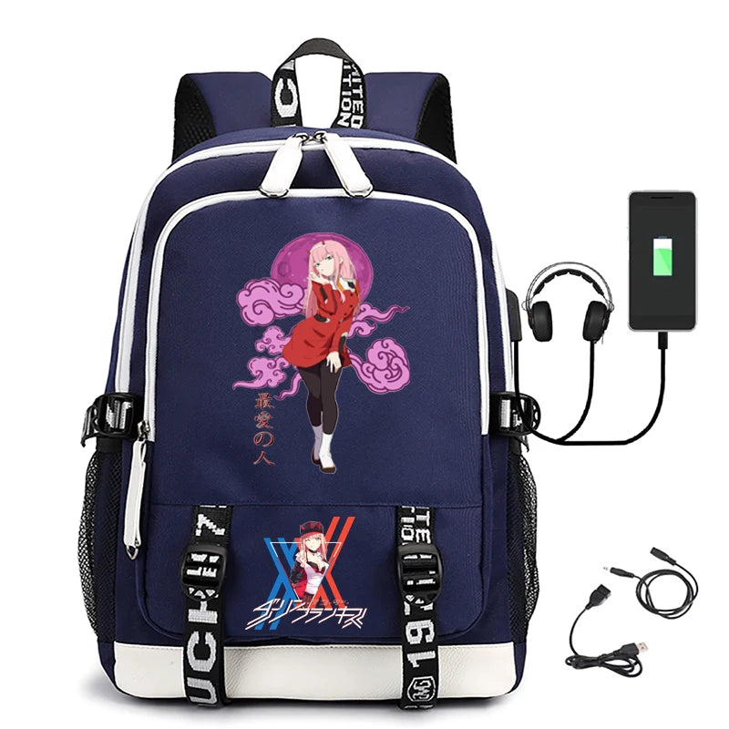Men's Zero Two Printed USB Rechargeable Waterproof Nylon Backpack