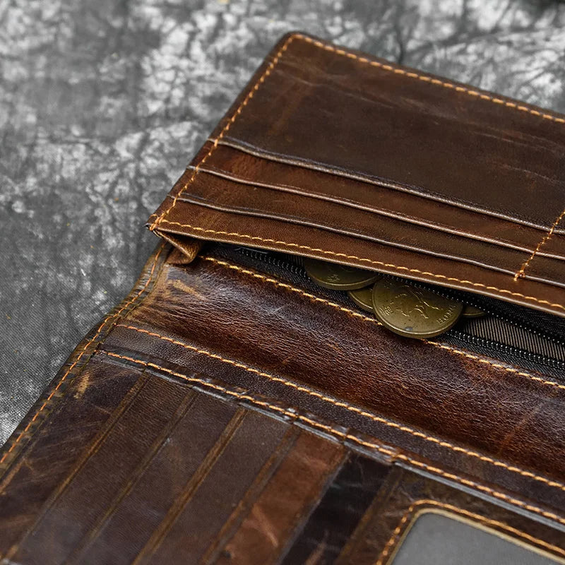 Men's Leather Dragon Wallet Bifold Long Wallet with Zipper Pocket