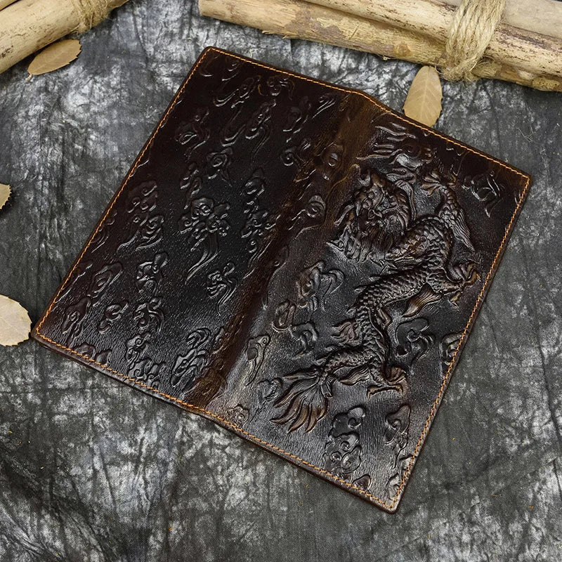 Men's Leather Dragon Wallet Bifold Long Wallet with Zipper Pocket