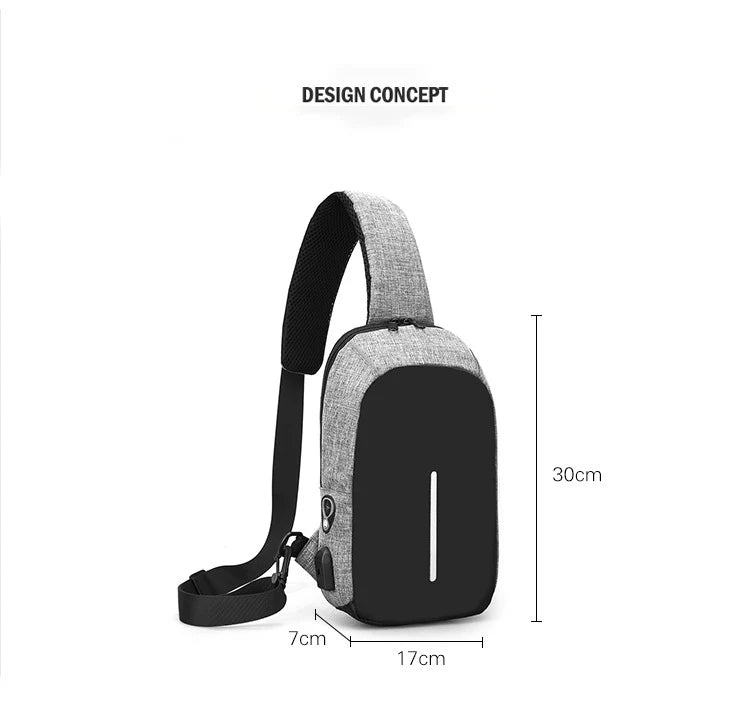 Men's Messenger Chest Bag USB Charging Earphone Plug