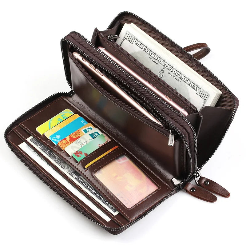 Men's Long Cowhide Leather Wallet Zipper Clutch