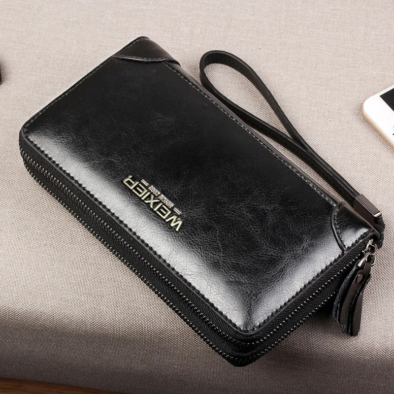 Men's Long Cowhide Leather Wallet Zipper Clutch