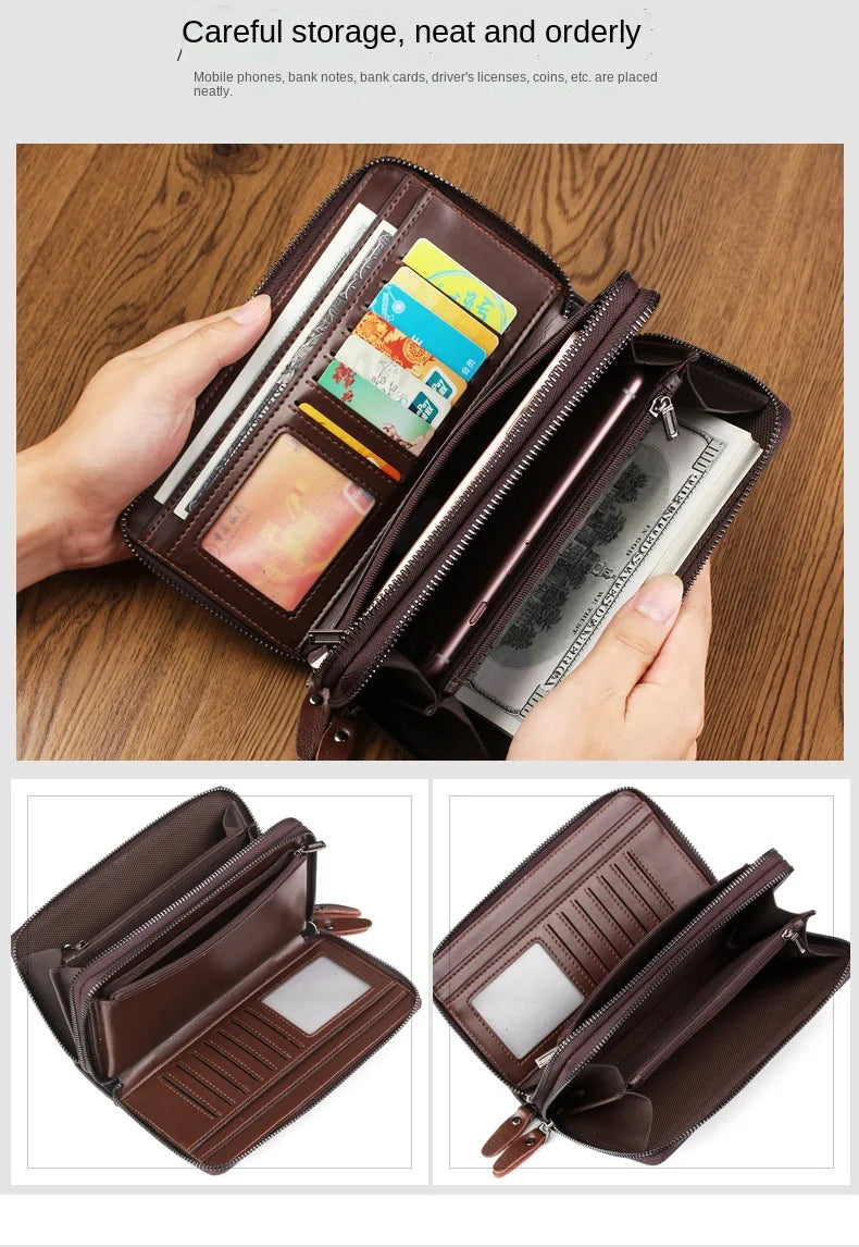 Men's Long Cowhide Leather Wallet Zipper Clutch
