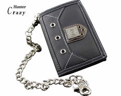 Mens Teen Steel Biker Style Canvas Trifold Leather Wallet Purse With Chain