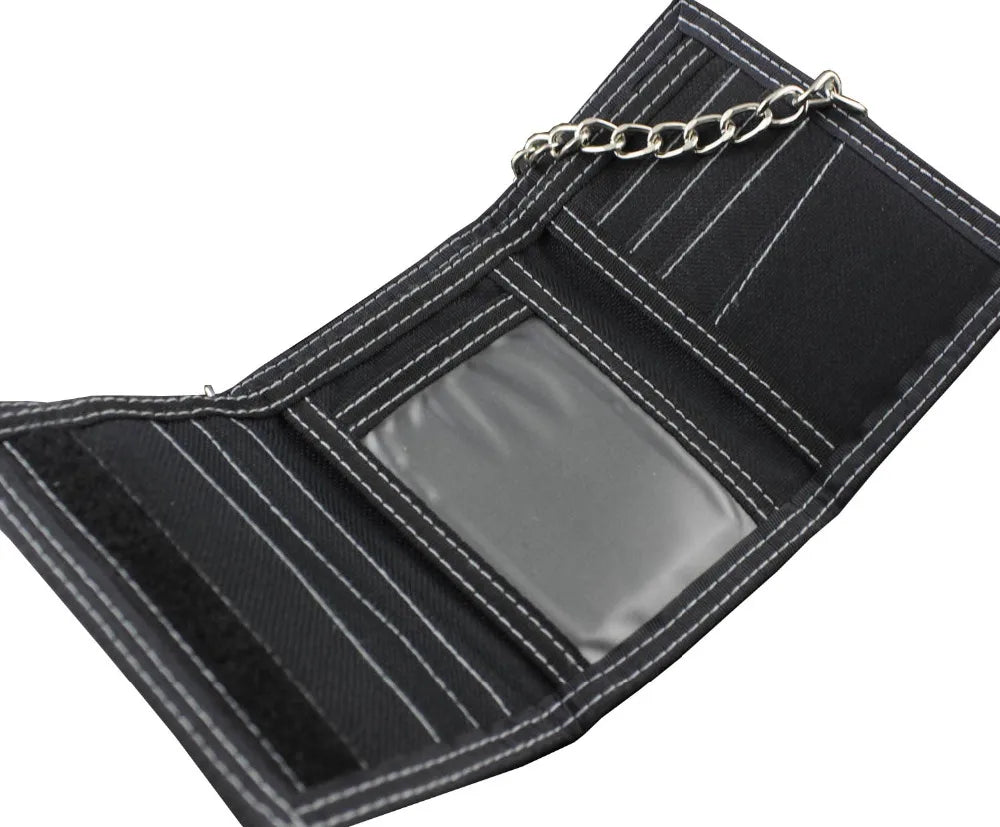 Mens Teen Steel Biker Style Canvas Trifold Leather Wallet Purse With Chain