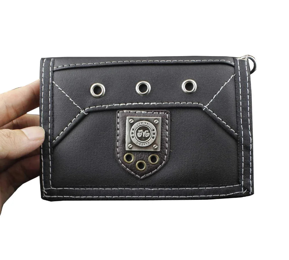 Mens Teen Steel Biker Style Canvas Trifold Leather Wallet Purse With Chain