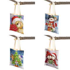 Christmas Women Shopping Bag Santa Claus Snowman Foldable Reusable Canva