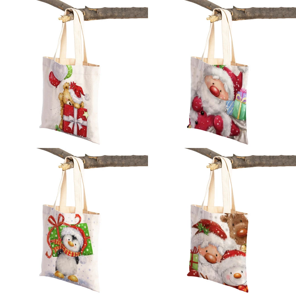 Christmas Women Shopping Bag Santa Claus Snowman Foldable Reusable Canva