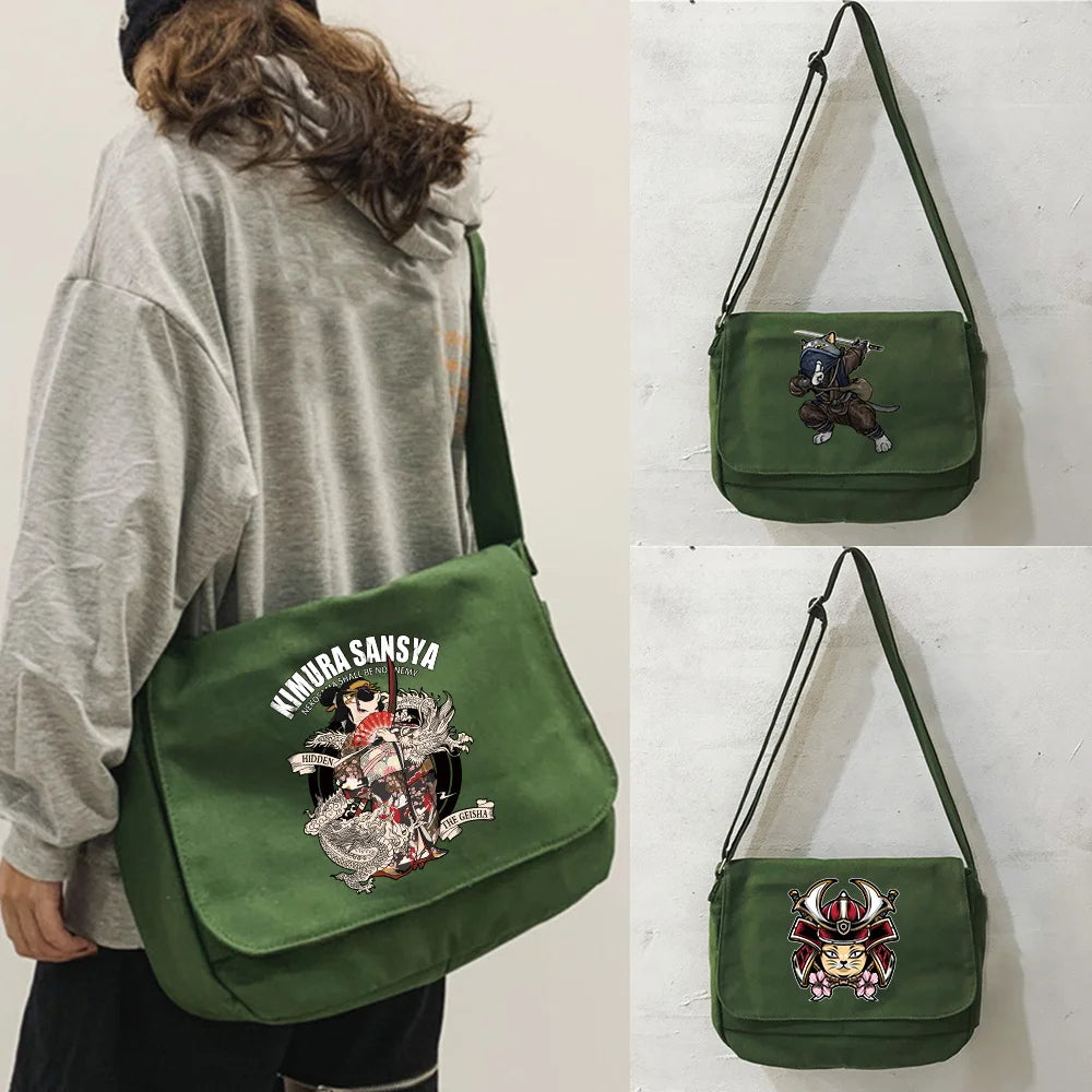 Samurai Pattern Messenger Bag College Student Currency Reflection
