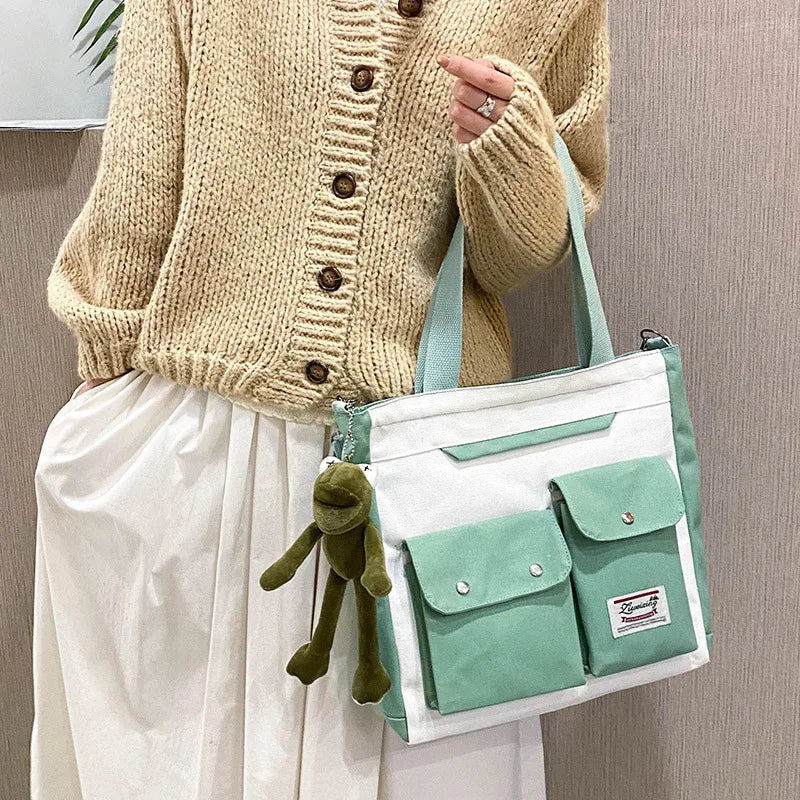 Canvas Messenger Tote Bag with Double Pocket