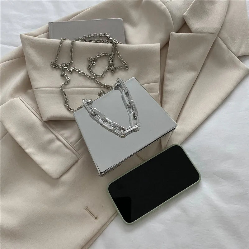 Metal Bag Silver PVC Box Crossbody Clutch Chain Handbag