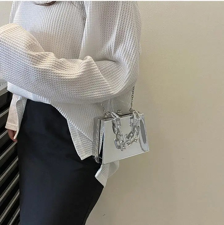 Metal Bag Silver PVC Box Crossbody Clutch Chain Handbag
