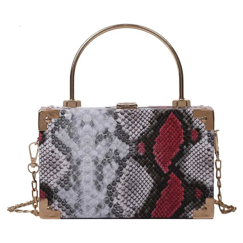 Metal Handle Box Bags Snakeskin Party Clutch Shoulder Chain Purse Handbags