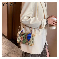 Metal Handle Box Bags Snakeskin Party Clutch Shoulder Chain Purse Handbags