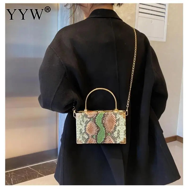 Metal Handle Box Bags Snakeskin Party Clutch Shoulder Chain Purse Handbags