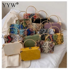 Metal Handle Box Bags Snakeskin Party Clutch Shoulder Chain Purse Handbags