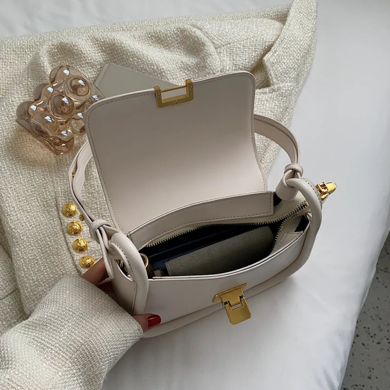Metal Lock Shoulder Bag Women Leather Crossbody Bag Small Flap Messenger Handbag