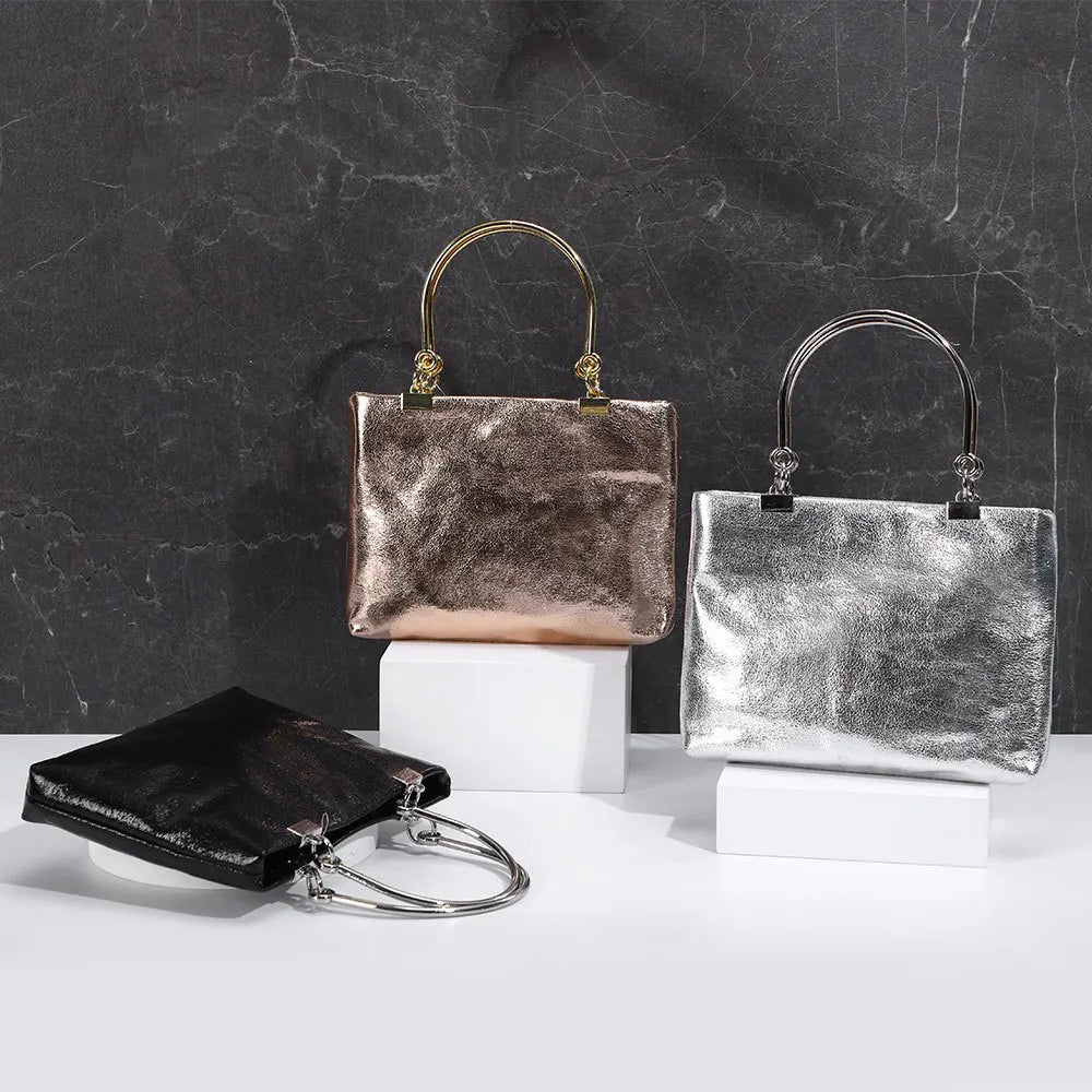 Metal Ring Handle Totes Glossy PU Phone Pouch Purse Handbag
