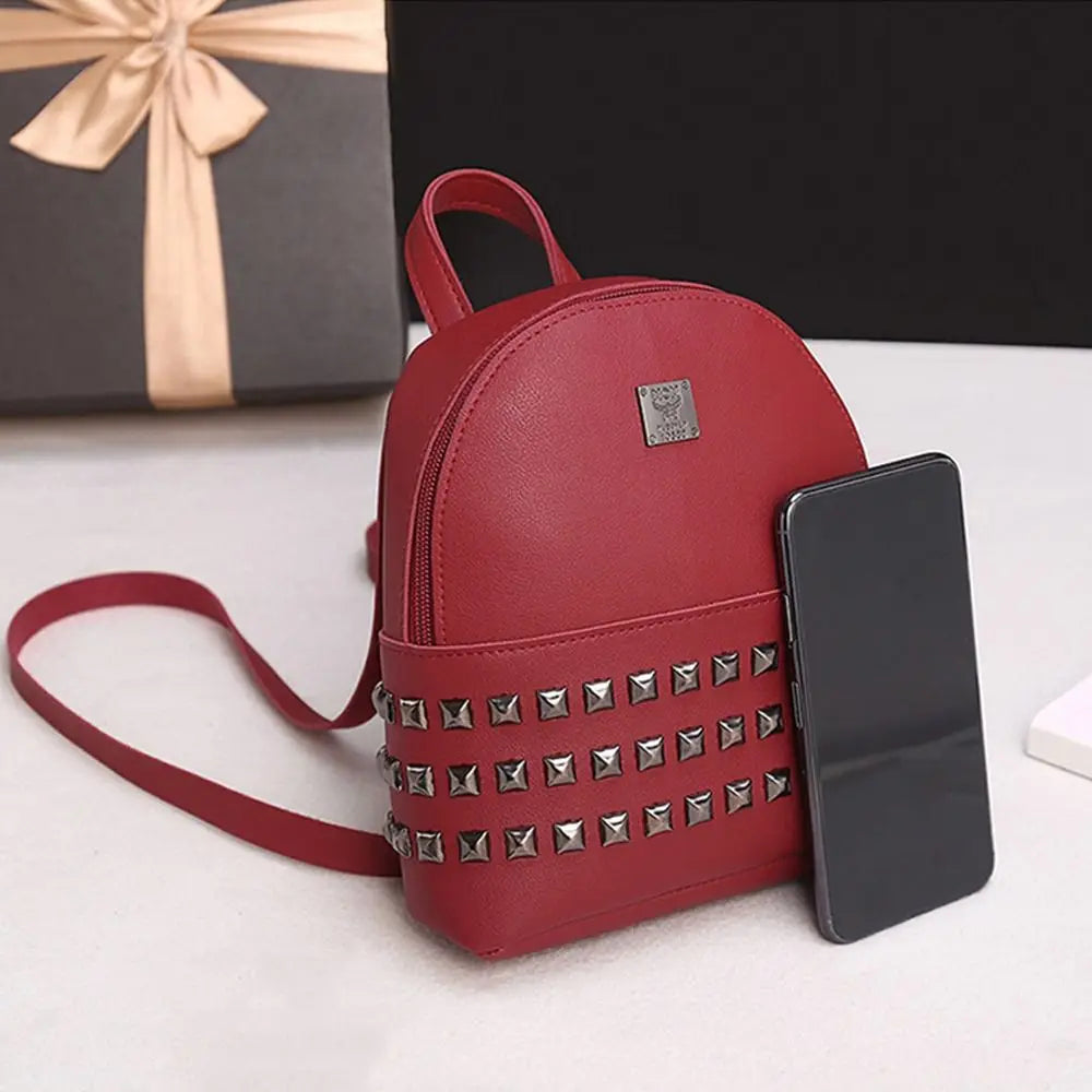 Small Rivet Backpack PU Leather Women's Bag Multi-Function Rucksack