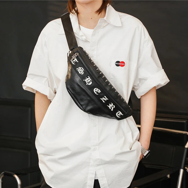 Mihaivin Punk Rivet Men's Waist Pack Pu Leather Chest Bag