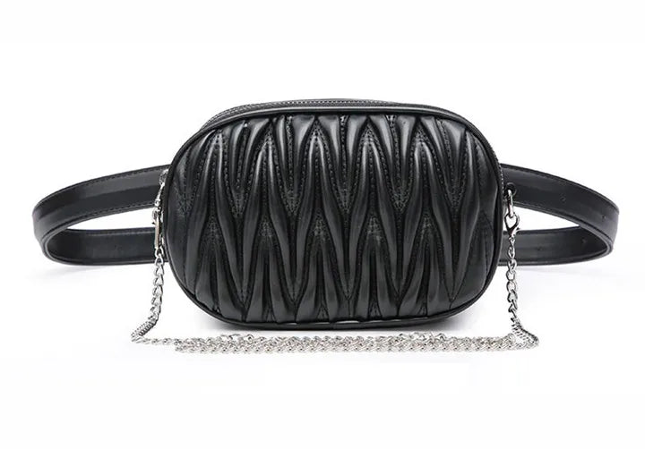 Women Waist Bag Pleated Round Belt Bag Chain Shoulder Bags Female