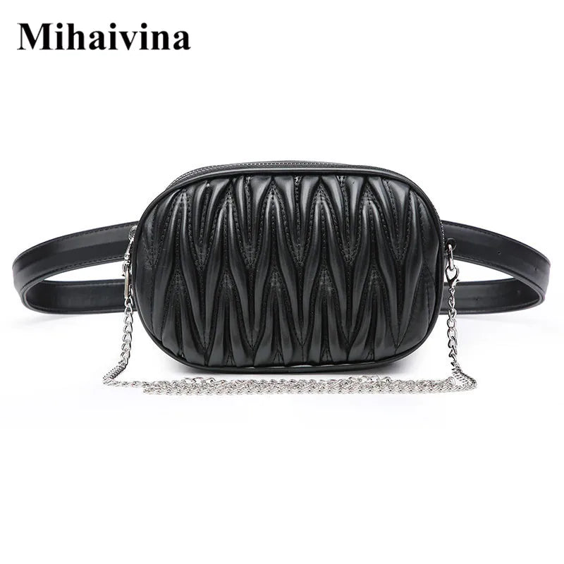 Women Waist Bag Pleated Round Belt Bag Chain Shoulder Bags Female