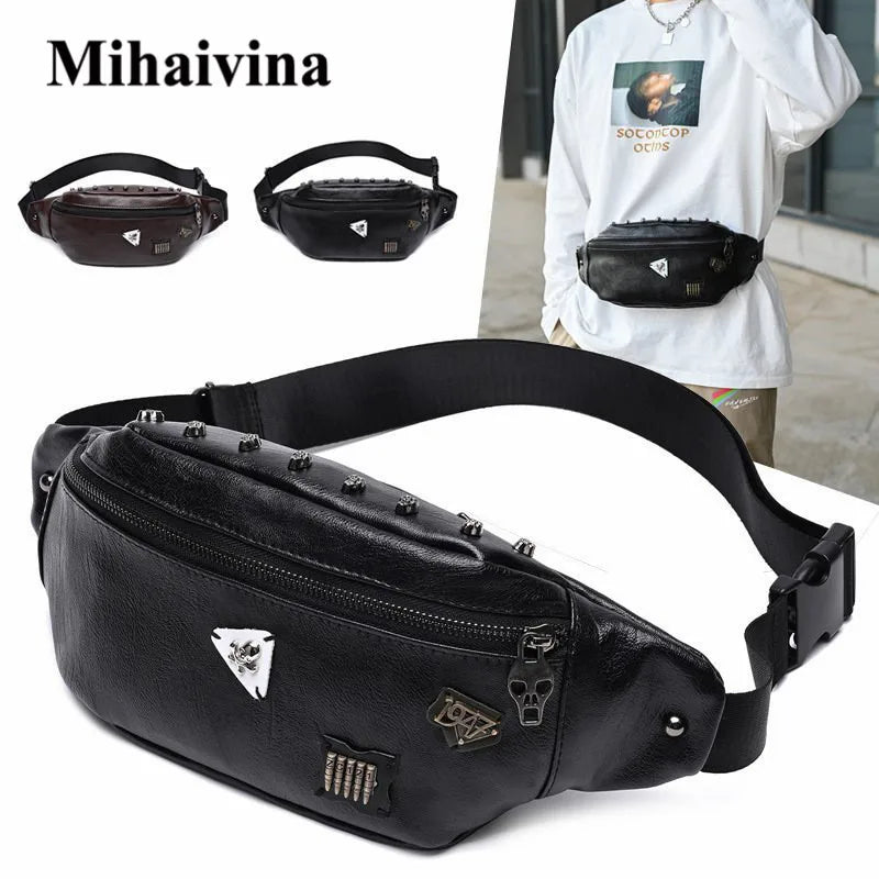 Skull Rivet Chest Bag Hip Bum Waist Belt PU Leather Shoulder Bag