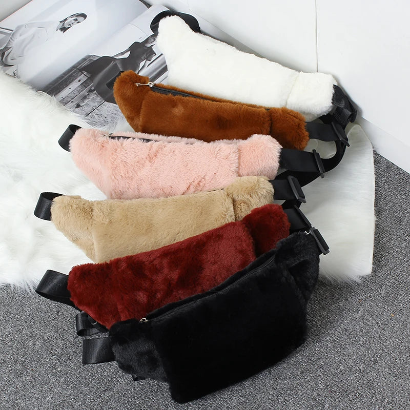Women Waist Bag Fur Fanny Pack Winter Female Chest Bag Shoulder Handbags