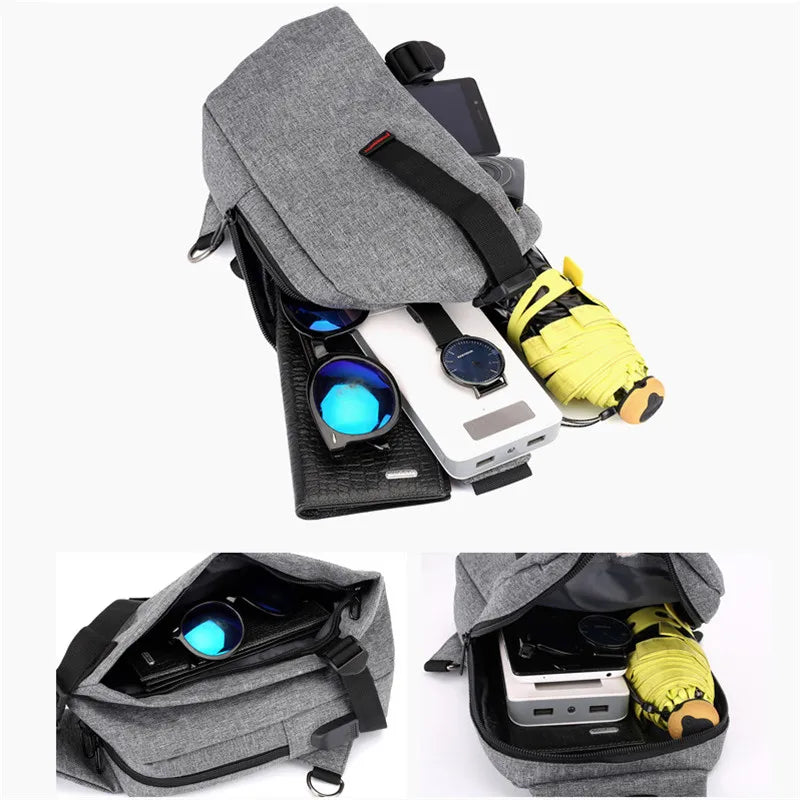 Men Oxford Chest Pack Shoulder Handbag USB Charge Casual Gray Crossbody Bags