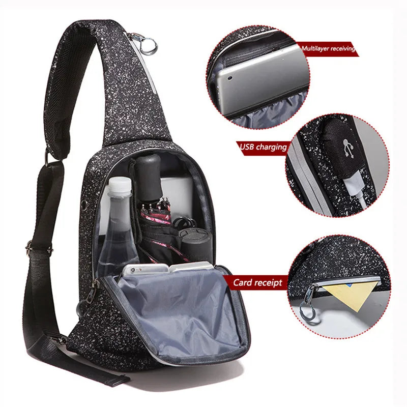 Men's Large Crossbody Chest Bag Waterproof Sling Pack with USB Charge