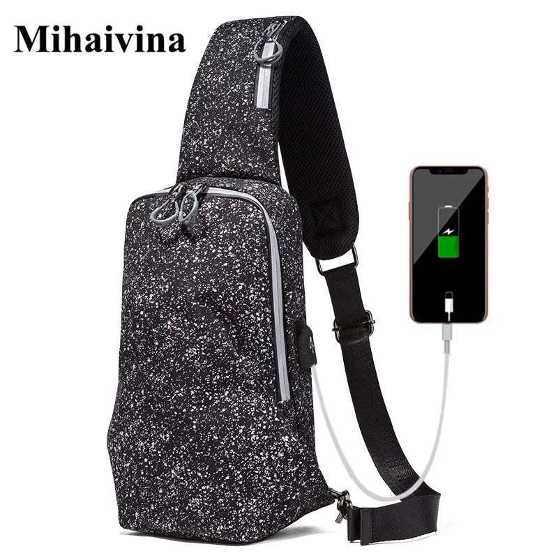 Men's Large Crossbody Chest Bag Waterproof Sling Pack with USB Charge