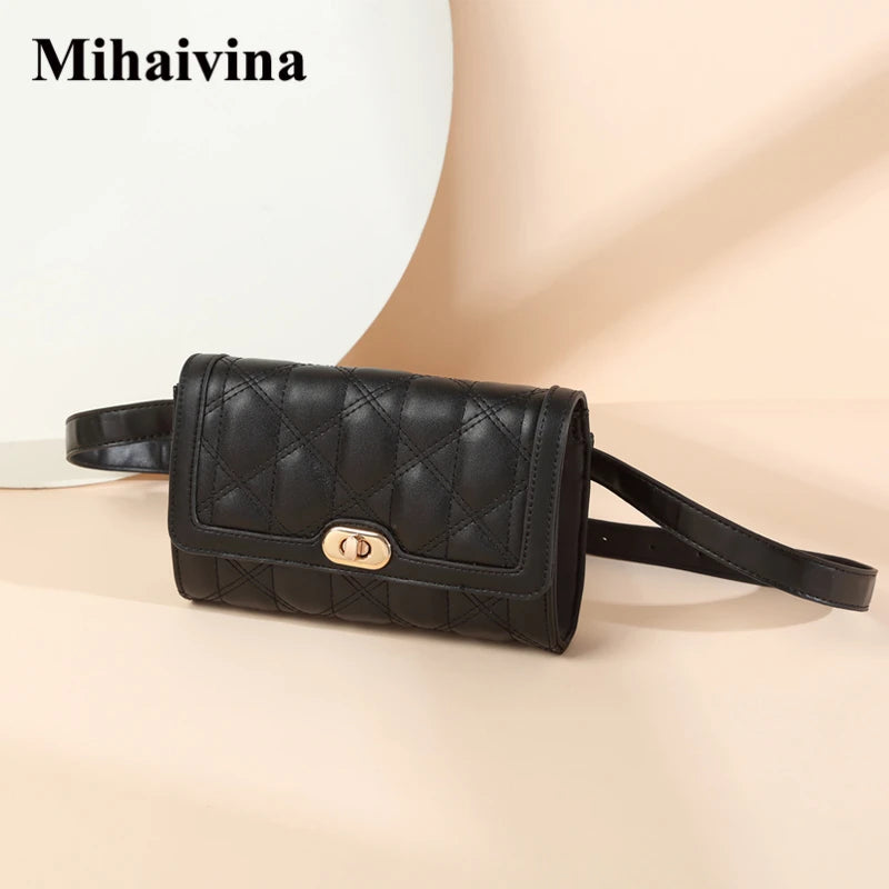 Women Leather Fanny Pack Waist Belt Bag Retro Plaid Chest Bags Female
