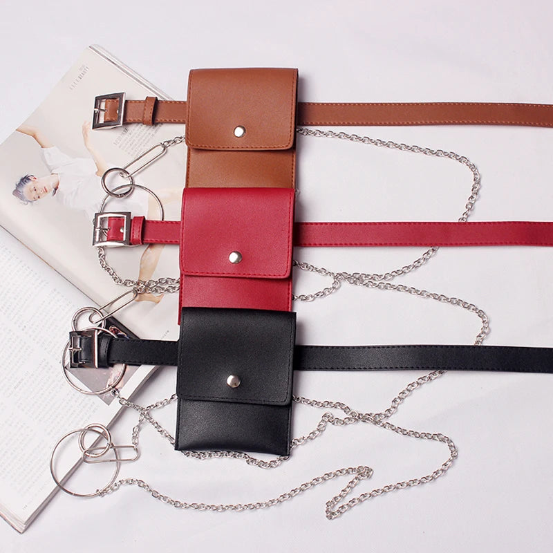Leather Waist Bag Chain Fanny Pack Phone Pouch