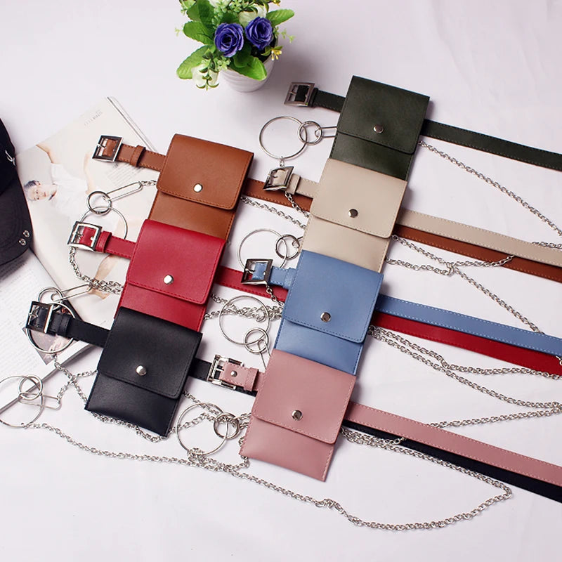 Leather Waist Bag Chain Fanny Pack Phone Pouch