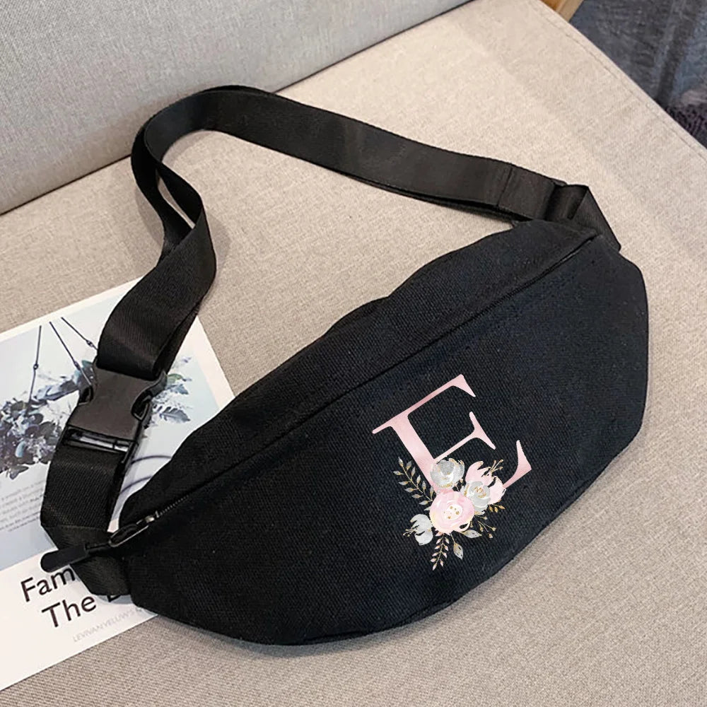 Pink Flower Mini Waist Pack with 26 Letters, Travel Crossbody Bag