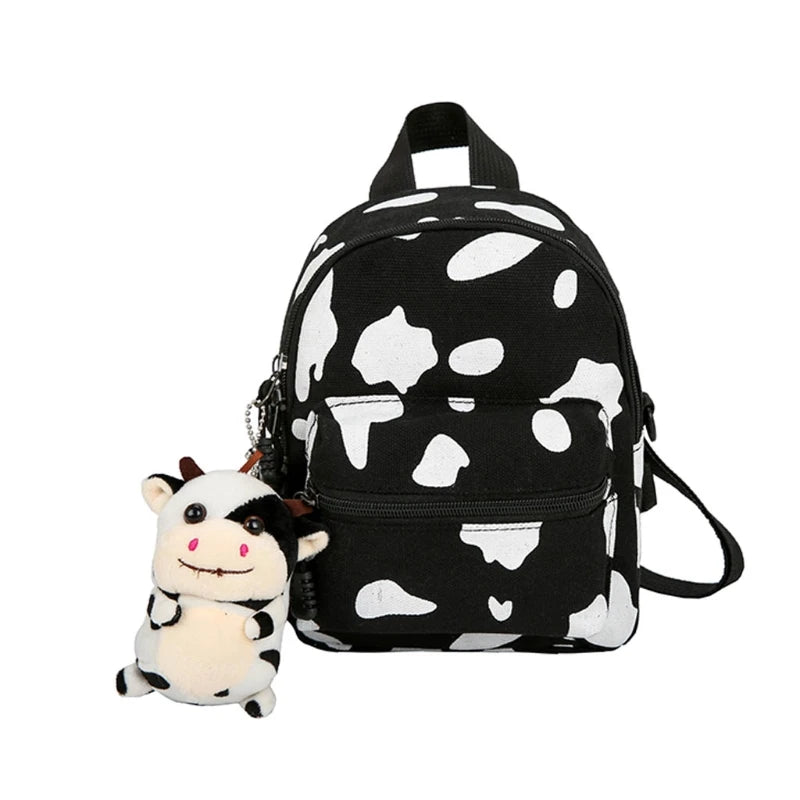 Mini Canvas Daypack Cow Print Backpack for Women Lady Girls