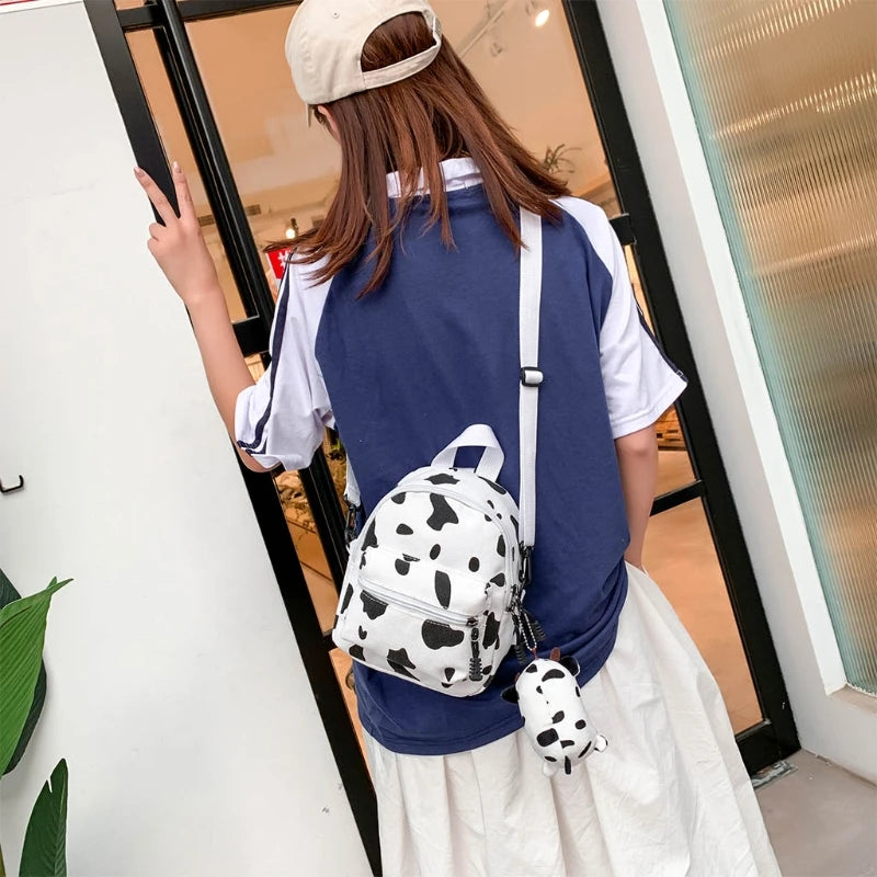 Mini Canvas Daypack Cow Print Backpack for Women Lady Girls