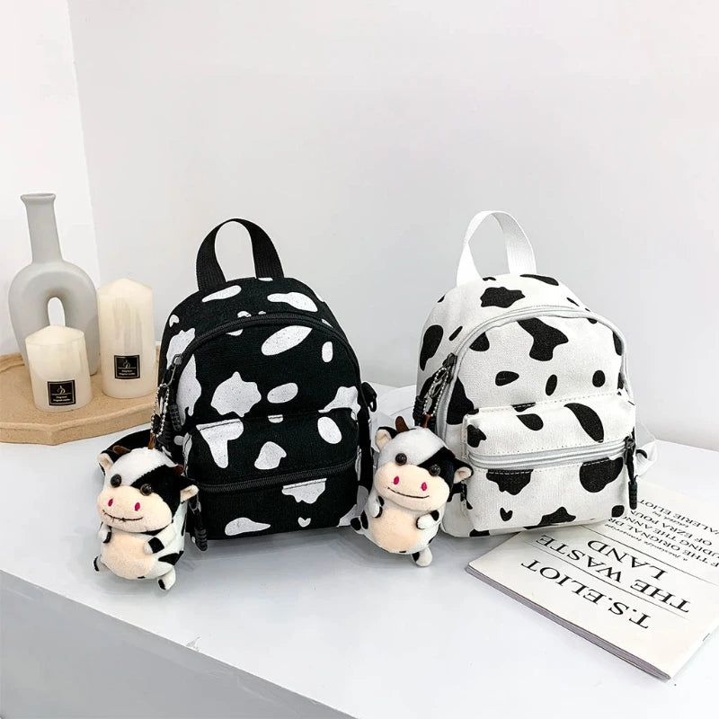 Mini Canvas Daypack Cow Print Backpack for Women Lady Girls