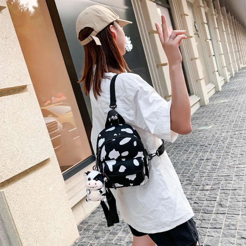 Mini Canvas Daypack Cow Print Backpack for Women Lady Girls
