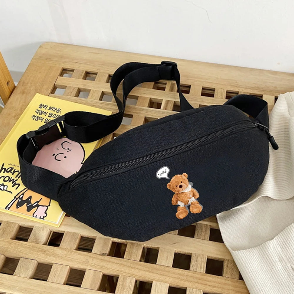 Canvas Waist Bag Bear Print Gym Sports Messenger Bag