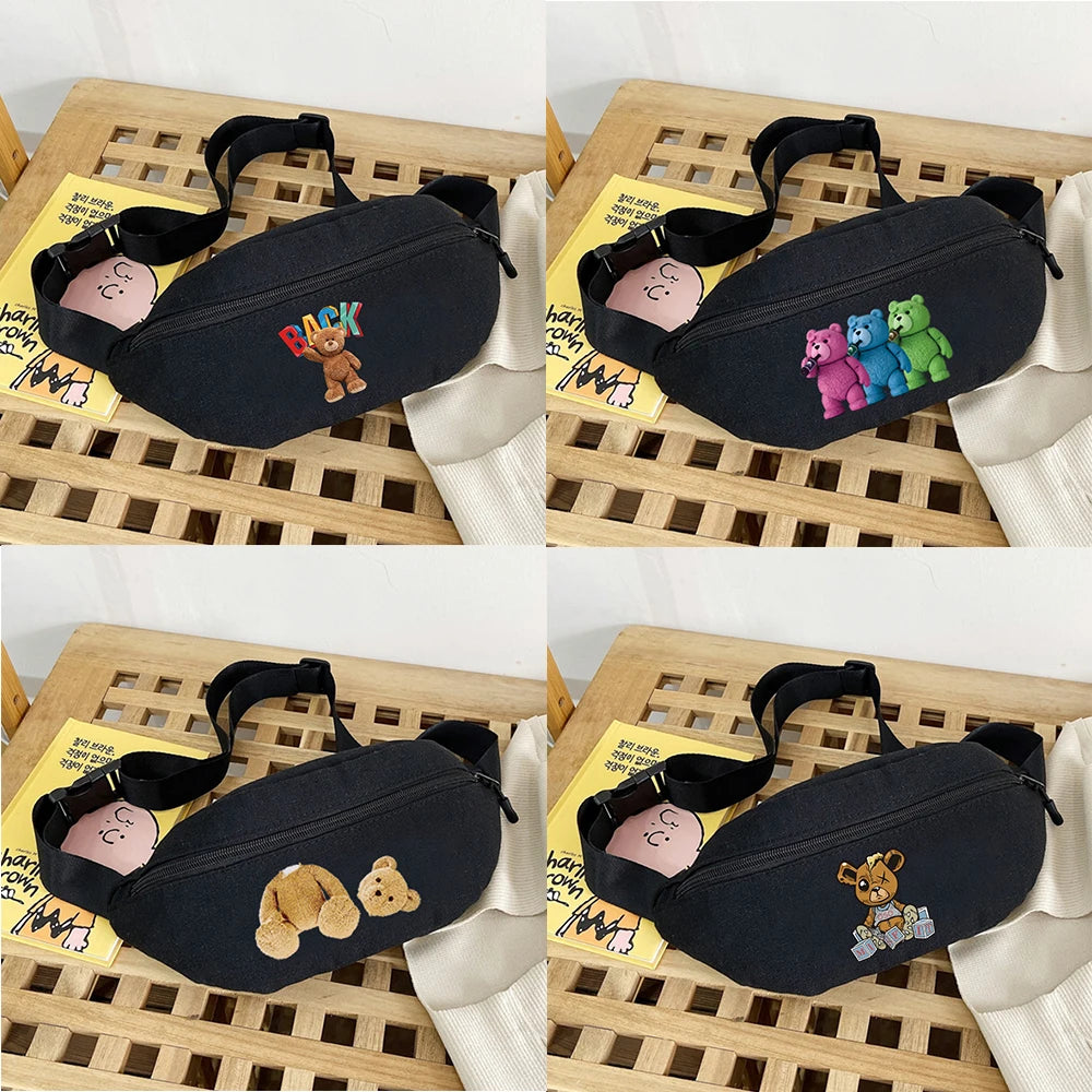 Canvas Waist Bag Bear Print Gym Sports Messenger Bag