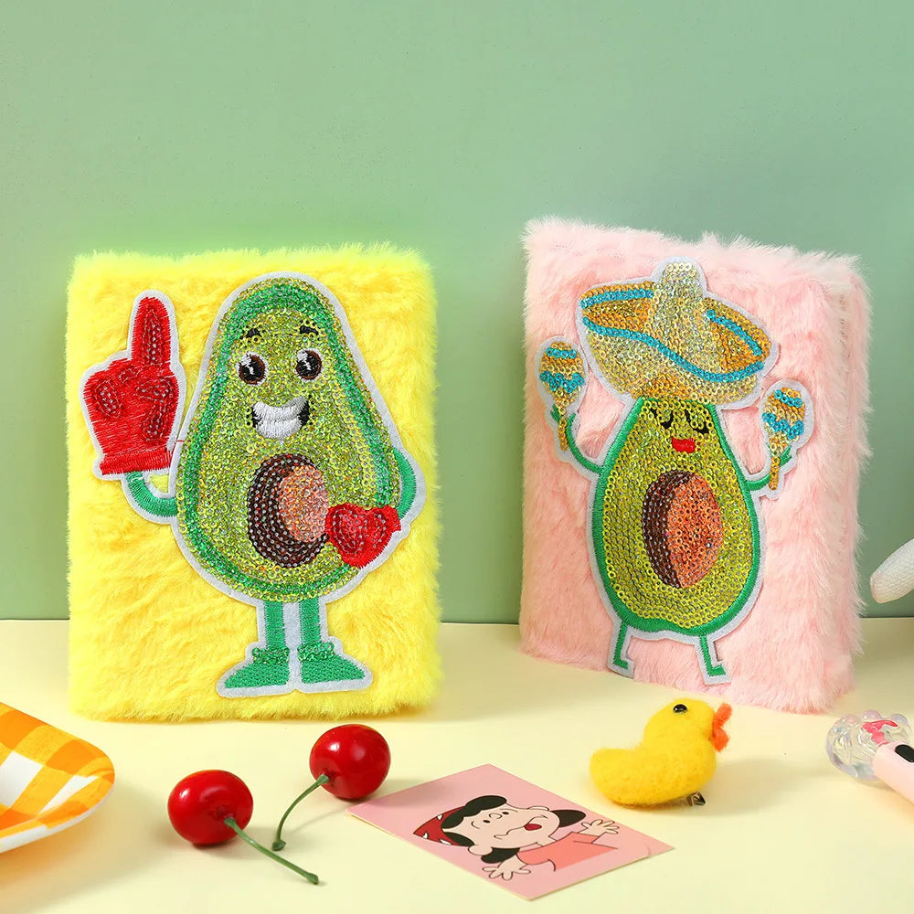 Cartoon Avocado Plush Notebook Furry Glitter Diary Line Paper Planner Organizer
