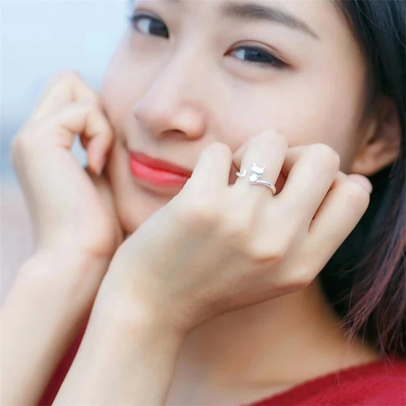 Mini Cat Temperament Drawing Sweet Female Resizable Rings