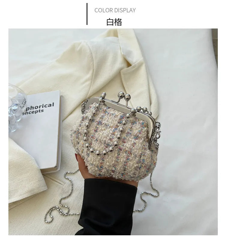 Mini Chain Crossbody Bag for Women Niche Tweed Clip Bag