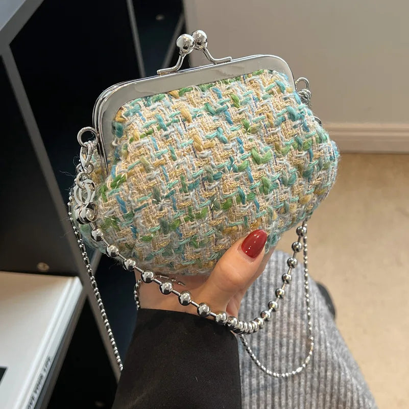 Mini Chain Crossbody Bag for Women Niche Tweed Clip Bag