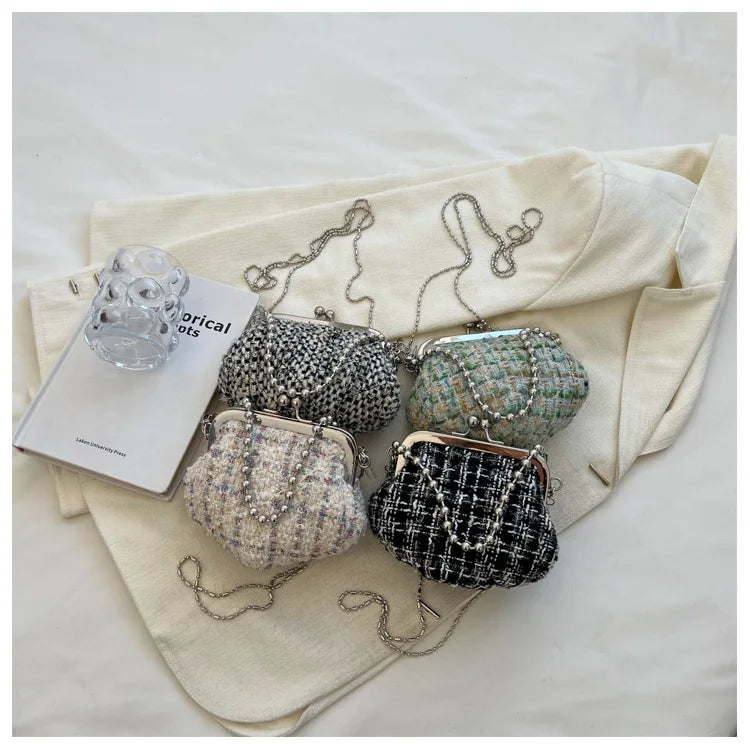 Women Shoulder Crossbody Messenger Bag Woolen Tweed Shell Clutch