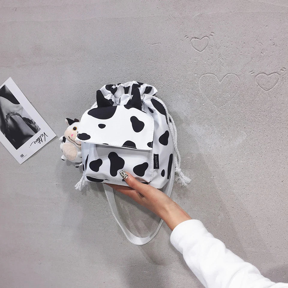 Mini Cow Print Nylon Shoulder Bag Bucket Crossbody Bags For Girls