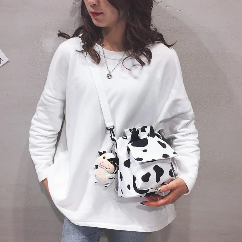 Mini Cow Print Nylon Shoulder Bag Bucket Crossbody Bags For Girls