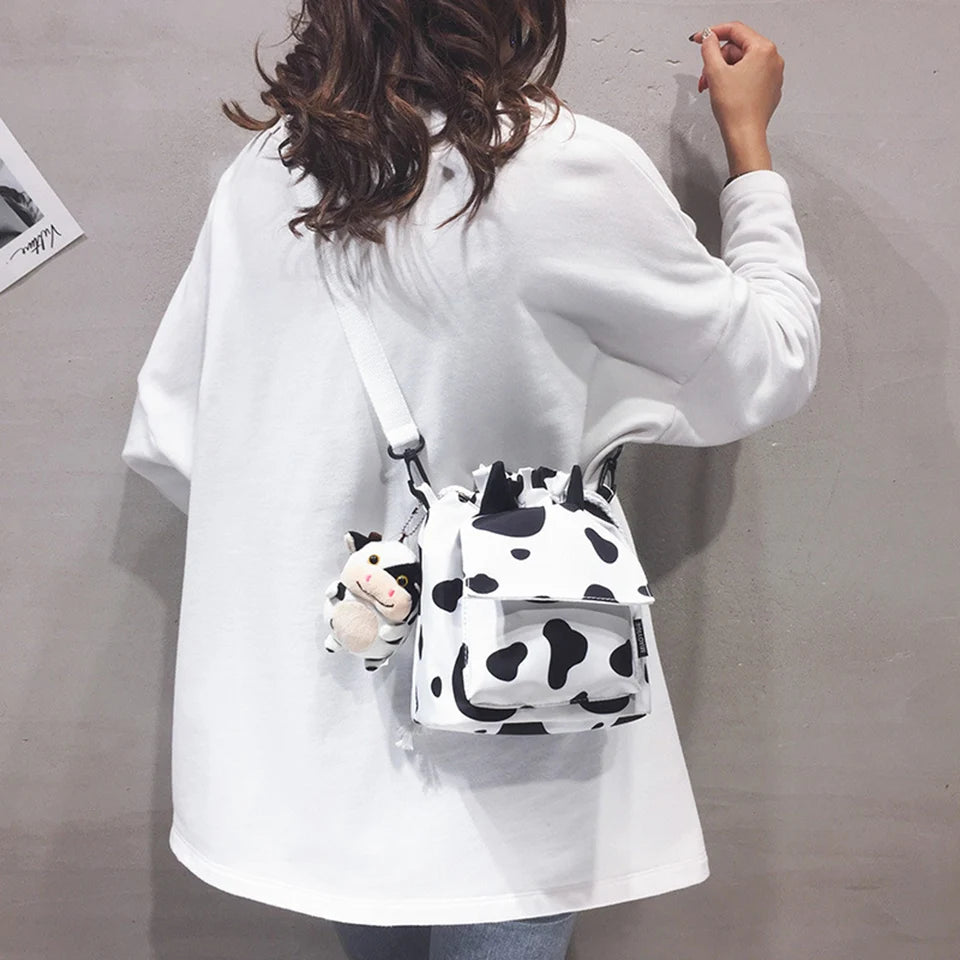 Mini Cow Print Nylon Shoulder Bag Bucket Crossbody Bags For Girls