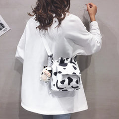 Mini Cow Print Nylon Shoulder Bag Bucket Crossbody Bags For Girls